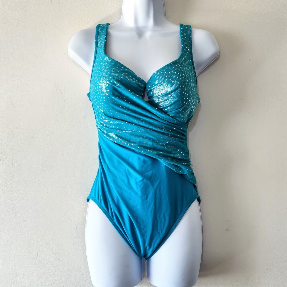NWOT "MIRACLESUIT" turquois blue swimsuit  shapewear SZ 12